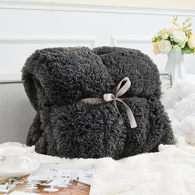 GONAAP Fuzzy Faux Fur Throw Blanket Queen Size Dark Grey Super Soft Cozy Plush Fuzzy Shaggy Blanket for Couch Sofa Bed (Dark Grey, Queen(90"x90"))