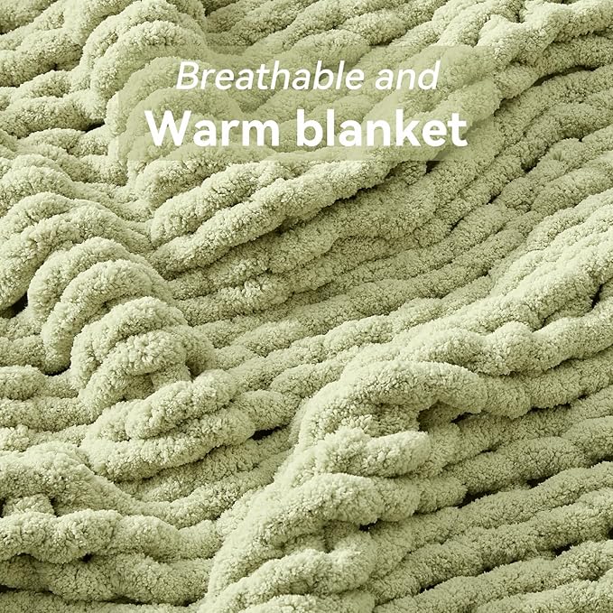 Chunky Knit Throw Blanket, 30''*40'' Knitted Throw Chenille Yarn for Bed Couch, Handmade Light Green Crochet Big Thick Blanket, Machine Washable Cute Comfy Blanket for Home Decor