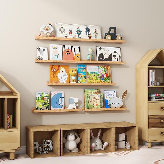 Floating Picture Ledge Shelves 55 Inch Solid Oak Wood Set of 2, Rustic Wall Storage Shelves with Lip, Kids Bookshelf, Photo & Picture Ledge Shelves for Bedroom, Living Room, Kitchen