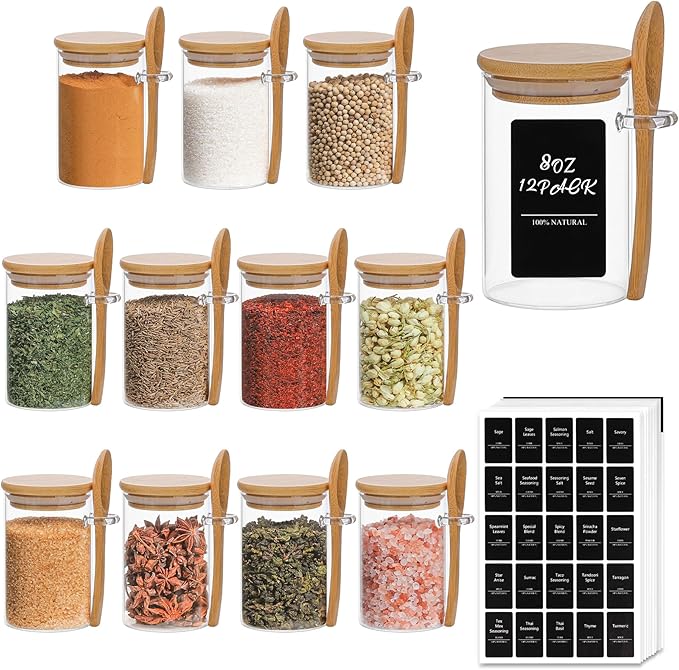 ComSaf 12 Pcs Glass Spice Jars and Spoons, 8oz Glass Containers with Bamboo Lids, Storage Containers with Airtight Lids with 275 Labels for Seasonings, Salt, Loose Leaf Tea Storage
