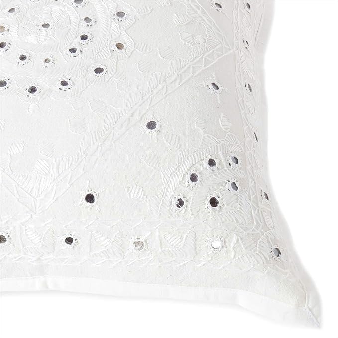 Eyes of India Embroidered Decorative Boho Throw Pillow Cover with Mirrors, Handmade Bohemian Accent Cushion Case for Sofa Couch Bedroom Living Room (White, 24" x 24")