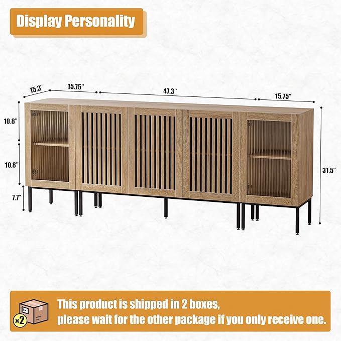 Farmhouse TV Stand for TVs up to 85 Inch, Entertainment Center TV Console with Storage Cabinets and Glass Doors, Media Console for Living Room,Oak