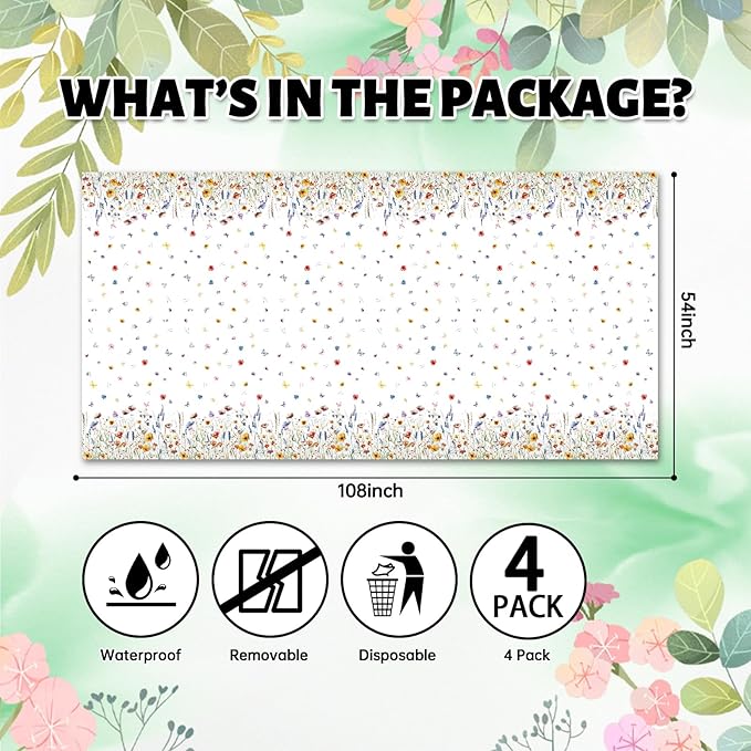 Floral Tablecloth 4 Packs 54x108 Inch - Butterfly Spring Wildflower Plastic Table Cover for Wedding Decorations Easter, Baby in Bloom Showers & Mother's Day Tea Parties Disposable Rectangle Tablecloth