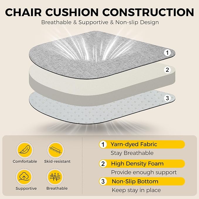 downluxe Indoor Chair Cushions for Dining Chairs, Soft and Comfortable Textured Foam Kitchen Chair Pads with Ties and Non-Slip Backing, 16" x 16" x 2", Light Grey, 6 Pack