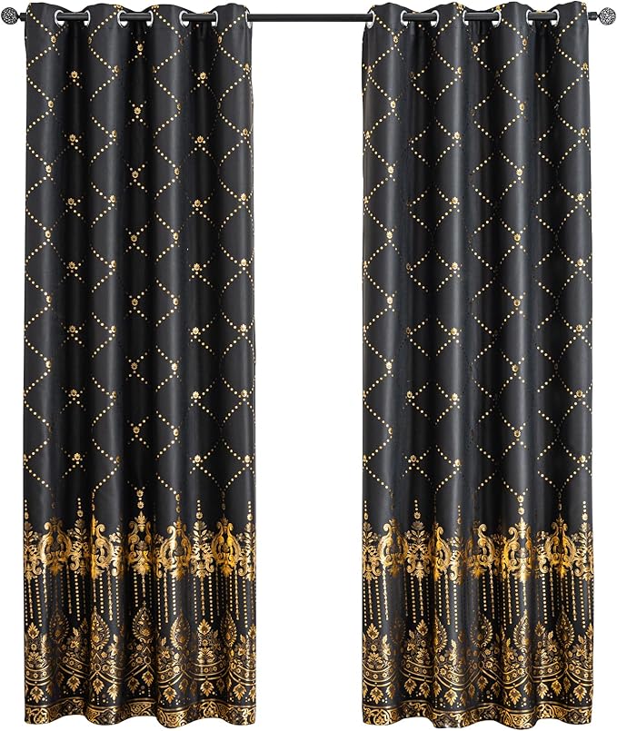 Grommets Blackout Long Window Curtains Black Gold-52W*108L 2PCS Drapes for Bedroom