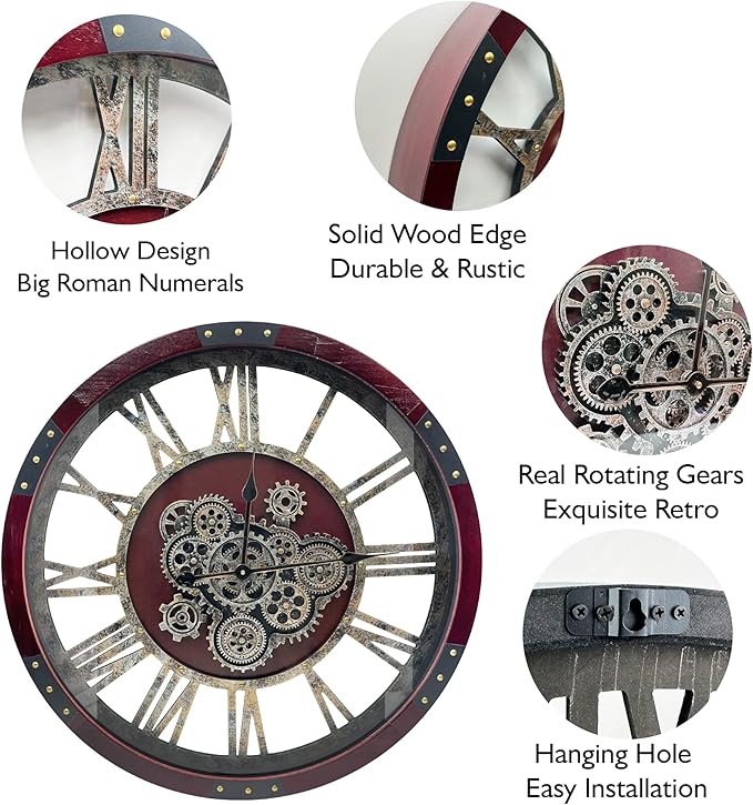 DORBOKER 30" Original Moving Gears Wall Clock, Large Industrial Wall Clock for Living Room Decor, Retro Wood Vintage Farmhouse Steampunk Rustic Clocks for Wall Decor,Cherry Red