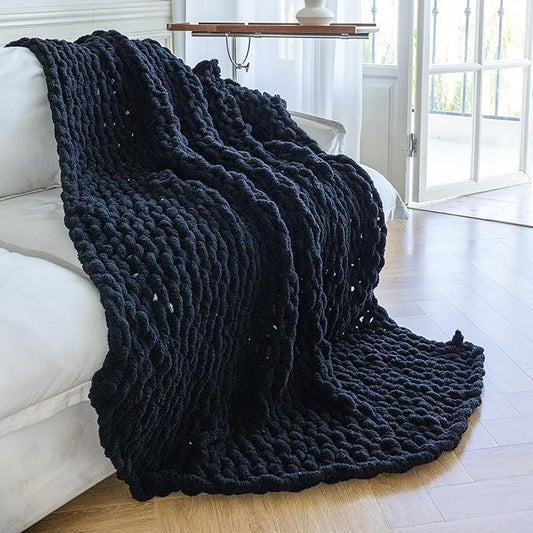 Chunky Knit Blanket - Luxury Soft Cozy Extra Large Size (80 * 90) Throw Blanket,100% Woven Blanket Rope Knot Throw Blanket for Couch, Sofa, Home Decor, Gift - Machine Washable（Black）