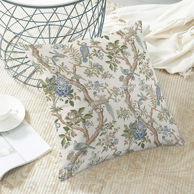 CXMEIFLY Chinoiserie Spring Pillow Covers 22 x 22 Inch Set of 2 for Blue Sage Green Vintage Flowers Bird Decor Throw Pillows Plant Farmhouse Outdoor Decorative Cushion Cases for Couch Bed Decorations