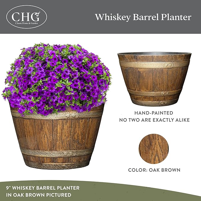 Classic Home & Garden Whiskey Barrel Planters - Wooden Finish Flower Planter Pot - Decorative Garden Pots - Indoor & Outdoor Resin Planters - Weather-Resistant Planting Pots (15” Oak Brown, Pack Of 1)