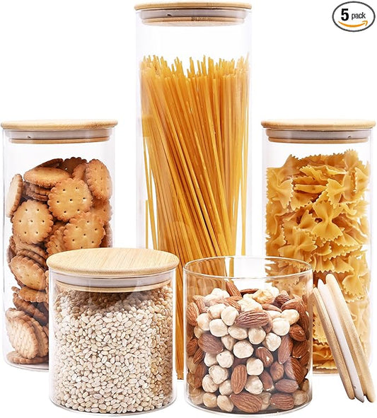 Glass Food Storage Jars, Glass Jars with Bamboo Lids, Kitchen Storage Jars, Canisters with Airtight Lids for Spice, Coffee, Cookie, Set of 5, Pantry Organizers