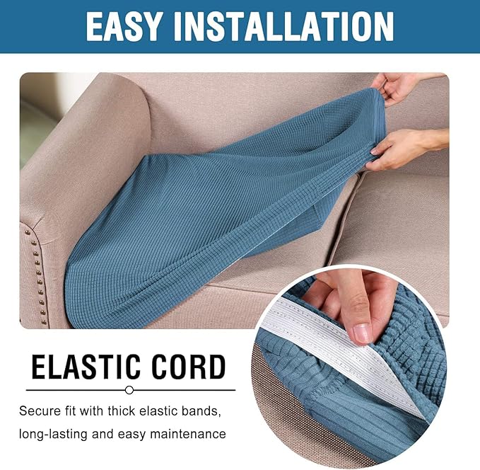 H.VERSAILTEX Super Stretch Individual Seat Cushion Covers Sofa Covers Slipcover Sets Thick Jacquard Textured Twill Fabric (3 Piece, Dusty Blue)
