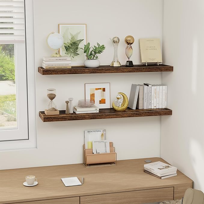 Floating Shelves Wall Shelf 40 Inch, 8 Inch Deep Floating Shelf for Wall, Farmhouse Black Wood Shelves Invisible Bracket for Living Room, Bedroom, Kitchen, 40 x 8 x 1.4 Inch, Set of 2, Rustic Brown