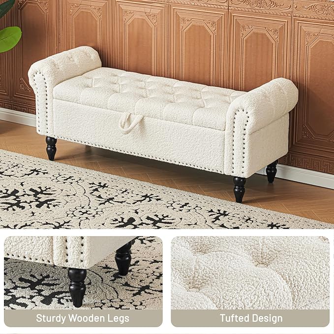 Furniliving Modern Storage Ottoman Bench, Sherpa Ottoman End of Bed Bench with Solid Wood Legs Upholstered Ottoman Benches with Storage Indoor Bench for Living Room with Rolled Arm, Entryway, White