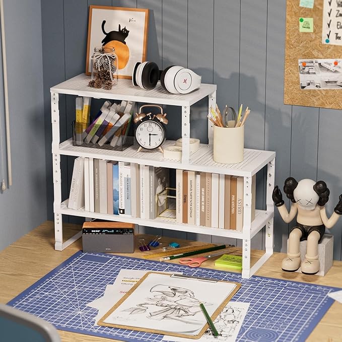 Expandable Spice Rack Kitchen Cabinet Shelf Organizer, Stackable Storage Shelves Racks, Adjustable Counter Shelving for Cabinets, Countertop, Cupboard,Pantry and More(2Packs/White/Medium)