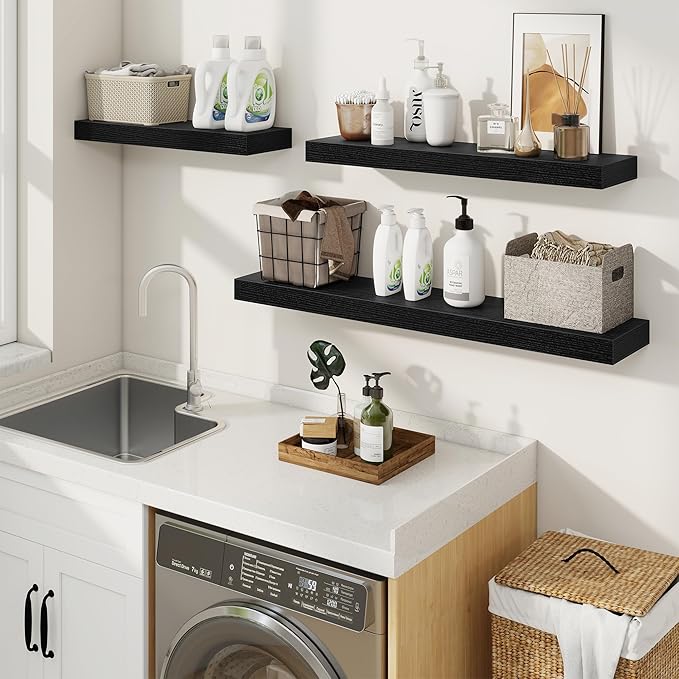 fuqing Floating Shelves for Wall, Bathroom Shelf Wall Mounted for Storage, Shelves with Invisible Bracket for Bedroom, Kitchen, Living Room, Farmhouse Small Book Shelf, 55 Inch Set of 2, Black