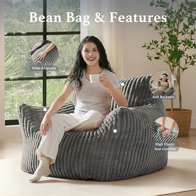 Giant Plush Bean Bag Chair for Adults with Armrests - Oversized Comfy Light Grey Beanbag Lounge Lazy Floor Sofa Accent Chair for Living Room, Bedroom & Dorm, Cozy Fluffy Single Cloud Mini Couch