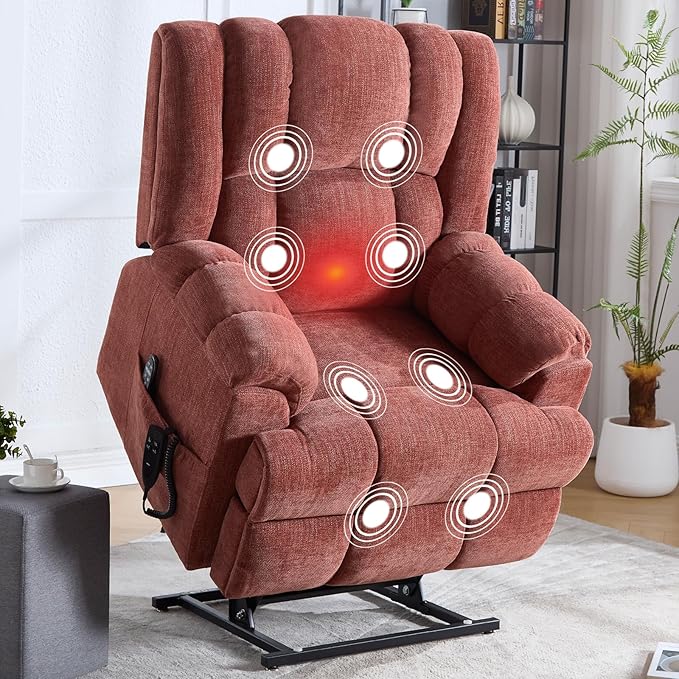 Dual Motor Power Lift Recliner Chair with Massage and Heat for Elderly People, Infinite Position, Burgundy Recliner Chair, Chenille Fabric Lift Chair