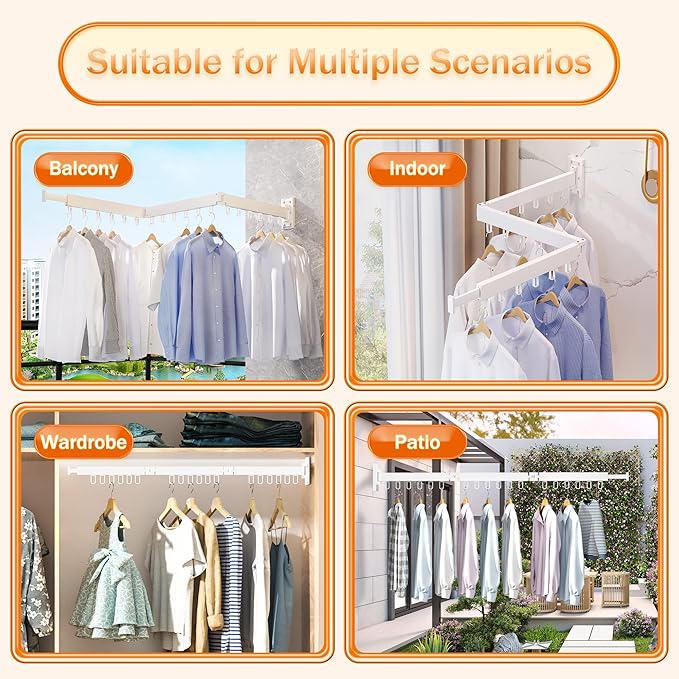 Clothes Drying Rack Wall Mounted,Drying Rack Clothing,Clothes Hanging Rack,Retractable,Collapsible(Tri-Fold), White Color(Ring)