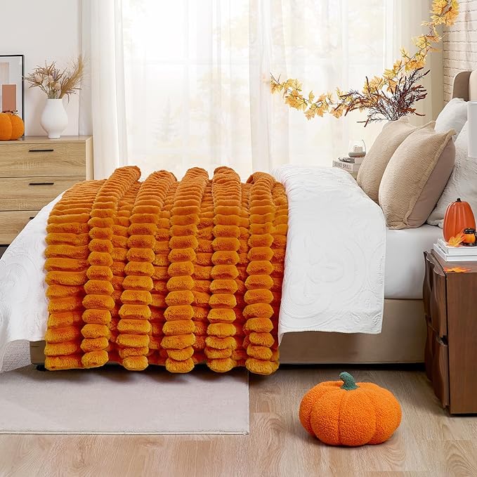 Cozy Bliss Fall Harvest Faux Fur Throw Blanket for Couch, Cozy Warm Plush Striped Blanket for for Decorating Couch Sofa Bedroom Living Room,50 * 60 Inches Burnt Orange