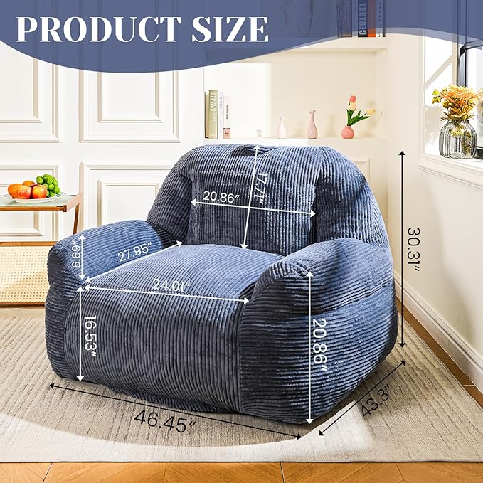 Giant Bean Bag Chair, Faux Fur Bean Bag Chair for Adults, Fluffy and Comfy Bean Bags with Filler, Big Bean Bag Sofa Chair for Reading, Gaming, Stuffed High-Density Foam, Grey