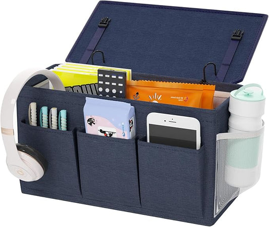 Dual-purpose Bedside Caddy Bedside Organizer, Bed Caddy with 6 Pockets, Versatile Bedside Storage Solution Magazine Remotes holder, ideal for Home, Dorm, Hospital, Crib Bed (Navy)