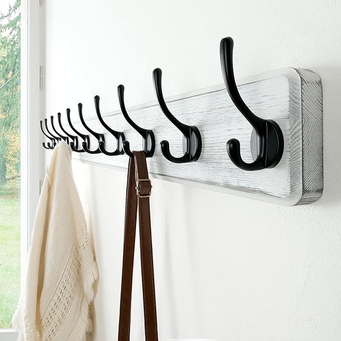 Dseap Coat Rack Wall Mount: 38-1/4" Long, Patented, Heavy-Duty, 10-Double-Hooks Wooden Hanger Rail for Winter Coats Hat Jacket Clothing, White & Black