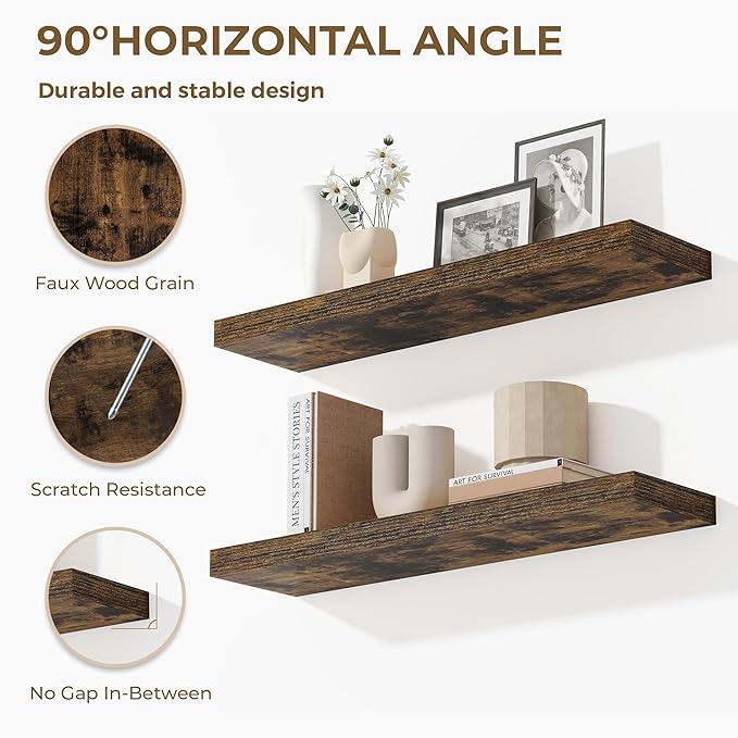 Dreamland 36 Inches Floating Shelves for Wall, 9.3" Deep Long Floating Shelves Set of 2, Large Display & Storage Shelf, Wall Shelf for Bathroom Bedroom Living Room Kitchen Office, Rustic Brown