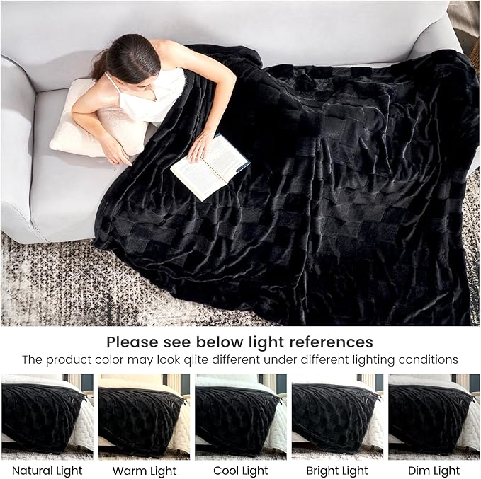 Cozy Bliss Checkered Large Faux Rabbit Fur Black Twin Bed Blanket, Soft Fuzzy Fluffy Minky Furry Plush Blankets for Couch, Bed, Adults (60 * 80 Inches Black)