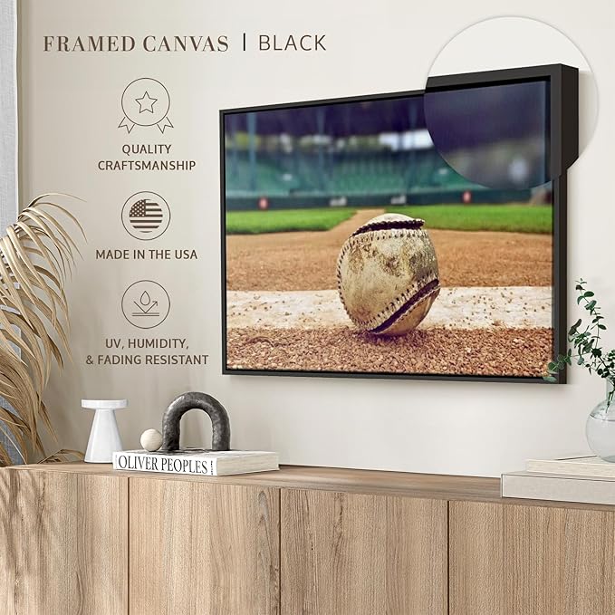 ElephantStock Baseball In Stadium Wall Art - Horizontal Framed Canvas - 1-Piece Living Room Wall Decor - Car Photography Canvas Print - Brown and Beige Decor for Wall - 25" X 17"