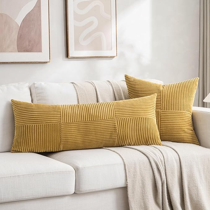 Fancy Homi 2 Packs Mustard Yellow Decorative Throw Pillow Covers 22x22 Inch for Living Room Couch Bed Sofa, Farmhouse Boho Home Decor, Soft Corss Corduroy Patchwork Accent Square Cushion Case 55x55 cm