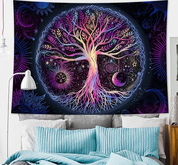FORATER Tree of Life Tapestry Wall Hanging Colorful Life Tree Tapestries Aesthetic Sun and Moon Galaxy Wall Tapestry for Bedroom Living Room Dorm (61 x 82 Inch, Multicolor)
