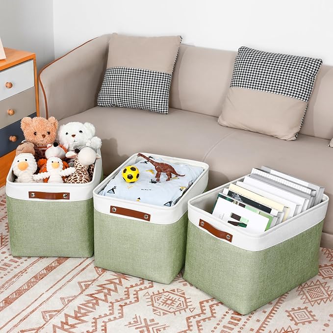 DULLEMELO 16 inch Fabric Storage Basket, Decorative Storage Boxes with Leather Handle for Closet Shelf Nursery, Collapsible Linen Storage Bins for Organizing Toys Book Towel Organizers(White&Green)