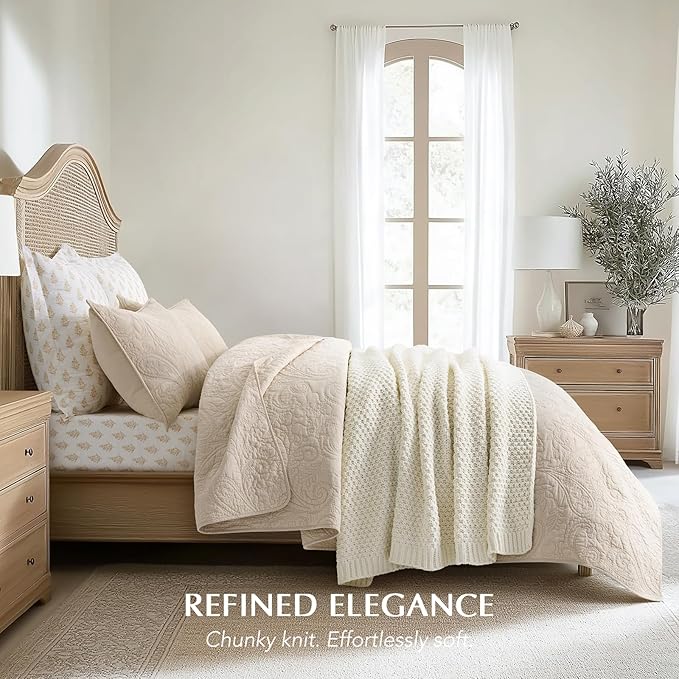 Chunky Chenille Knit Throw Blanket for Couch, Soft Luxurious Moss Stitch Blankets for Bed, Cozy Decorative Farmhouse Knitted Throws for Sofa, Ivory White, 60" x 80"