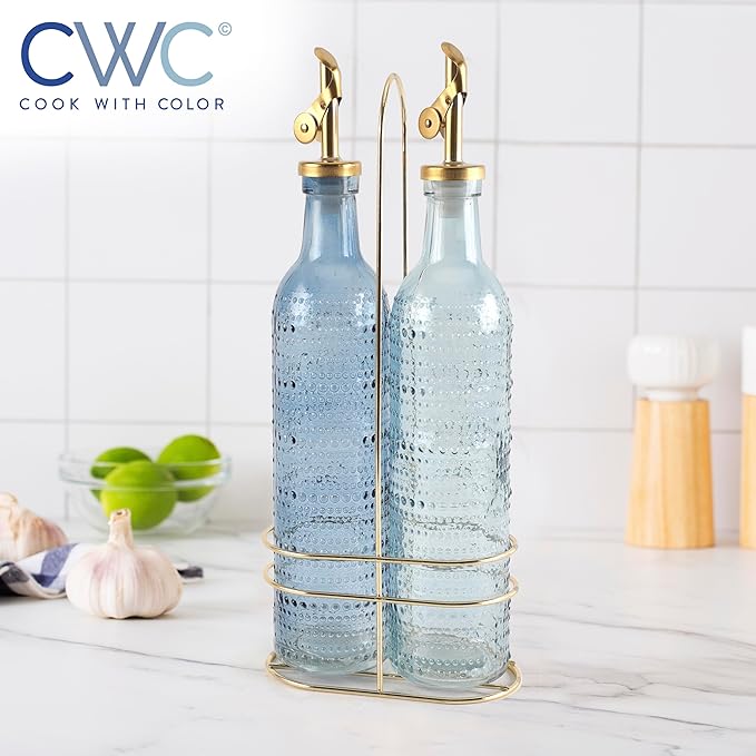 COOK WITH COLOR Glass Olive Oil Bottle Dispenser - 2 Pack- 17oz Oil and Vinegar Cruet - Olive Oil Carafe Decanter for Kitchen