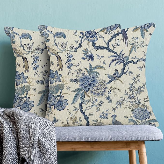 CXMEIFLY Spring Floral Birds Pillow Covers 16 x 16 Inch Set of 2 for Chinoiserie Flowers Decor Throw Pillows Blue and White Plant Outdoor Decorative Cushion Cases for Couch Bed Decorations