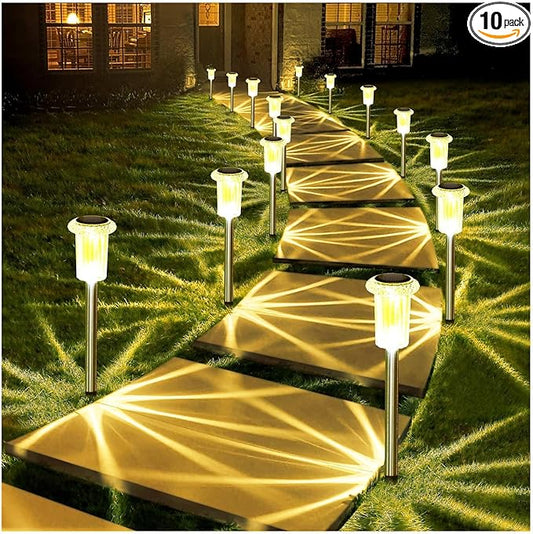 DenicMic Solar Lights Outdoor 10 Pack Waterproof 3000K Warm White LED Acrylic lamp Head Stainless Steel Stake for Landscape Lighting Path Walkway Sidewalk Backyard Patio Decor