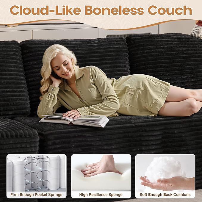 Cloud Sectional Couches for Living Room,U Shaped Modular Sofas No Assembly,165x107 Inches Plush Corduroy Oversized Floor Couch Set with Deep Seat Chaise,Black
