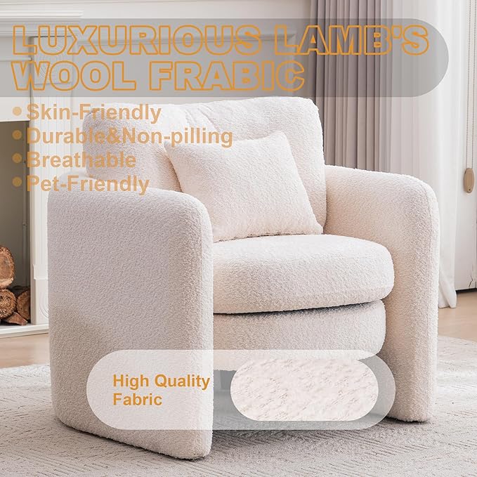 Chenille Accent Armchair Oversize Upholstered Barrel Comfy Modern Round Lounge Sofa Chair with Pillow Cozy Reading Chairs for Apartment,Office,Living Room,Dining,Makeup,Club,Beige