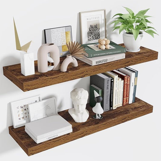 Fun Memories Floating Shelves for Wall 36 Inches, Wood Shelves with Invisible Bracket, 10" Deep Shelves Wall Mounted, Large Floating Shelves for Living Room Bathroom, Rustic Brown, Set of 2