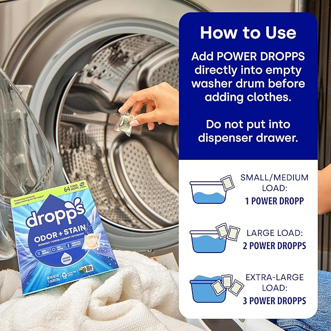 Dropps Odor & Stain Biobased Power Laundry Detergent Pods, Crisp Breeze (140 Pods) - HE Compatible Laundry Pods for Fresh Clothes - Laundry Soap Supplies & Recyclable Paperboard Packaging
