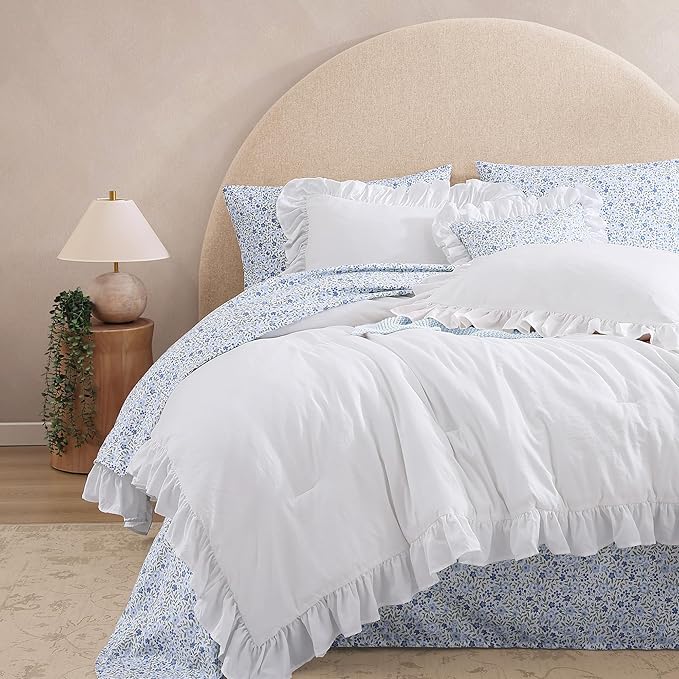 Full Comforter Set - 7 Pieces Ruffle White Bedding Sets, Shabby Chic Farmhouse Bed in a Bag Full with Ruffle Comforter, Floral Sheets, Pillowcases & Shams