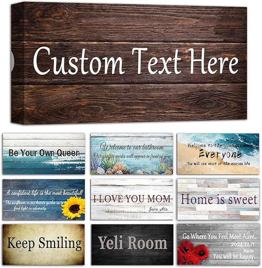 CHAOSETKEN Custom Text Sign Wall Art Personalized Family Quote Wall Decor Family Sign Canvas Prints Customized Wood Text Quote Pictures Rustic Farmhouse Decor Framed (8L x 4W)