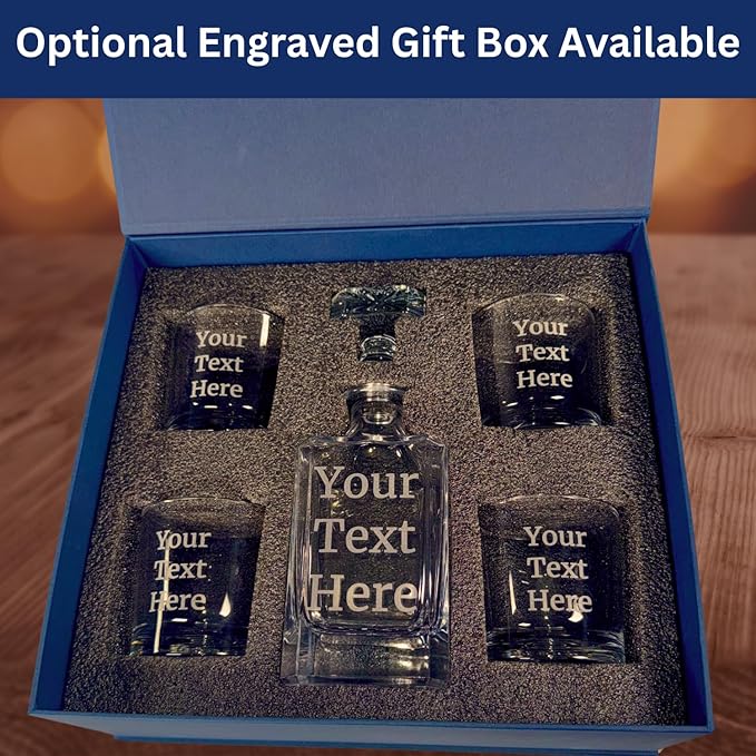 Gifts Inscribed Personalized Whiskey Decanter Set - Engraved Whiskey Decanter Bottle & Set of 4 Custom Drinking Glasses Laser Etched - Customized Whiskey Gift for Wedding, Anniversary, Birthday, Dad
