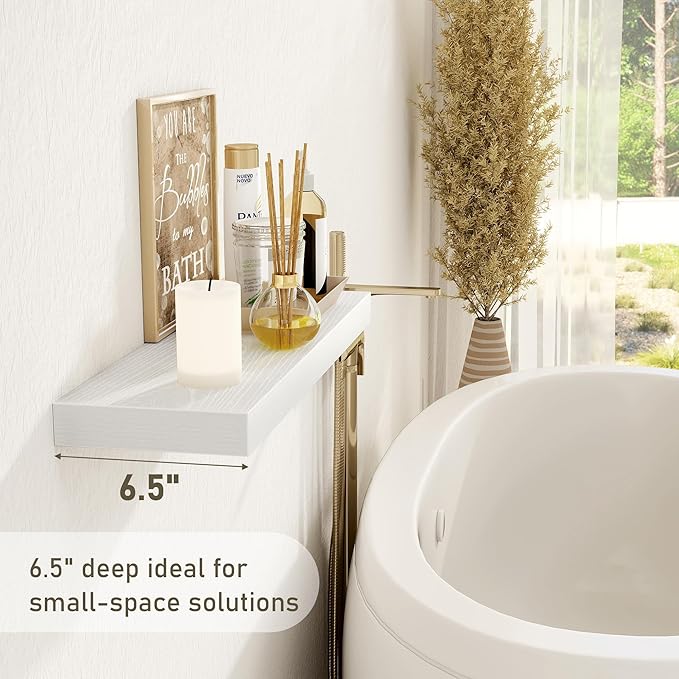 Fun Memories White Floating Shelves Wall Shelf 24 Inch Long, Rustic Bathroom Shelves, Wall Mounted Wood Floating Shelf for Kitchen, Living Room, Bedroom, 24 x 6.7 x 1.4 inch Set of 3