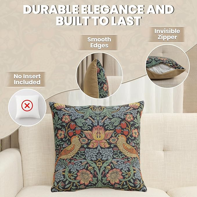 Charlotte Home Furnishings Throw Pillow Covers, Decorative Boho Pillow Covers for Couch, Living Room, Blue Strawberry Square Cushion Cases 18x18 in, European Cotton Jacquard Woven, Cozy Bedroom Decor