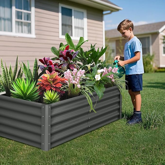 Galvanized Raised Garden Bed Outdoor, 2 Pcs 6x3x1.5FT Outdoor Large Planter Raised Beds Open Base with Safety Edge and Glove for Vegetables Flowers Ground Planter, Dark Grey