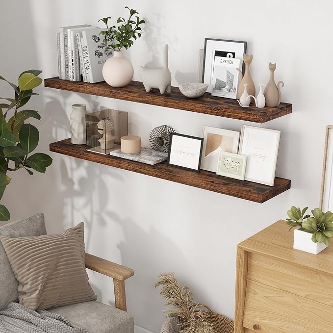 Floating Shelves 55 Inch Long, 55"W x 9"D Wall Shelf Invisible Bracket, 9 Inch Deep Floating Shelf for Wall, Rustic Wooden Shelves for Living Room, Kitchem, Bedroom, Rustic Brown Color, Set of 1