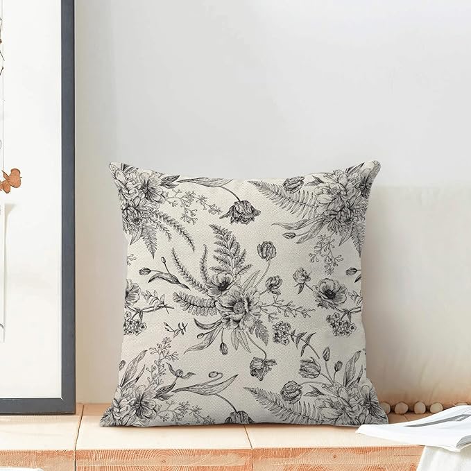 CXMEIFLY Spring Floral Leaves Pillow Covers 18 x 18 Inch Set of 2 for Chinoiserie Flowers Decor Throw Pillows Black and White Seasonal Plant Outdoor Decorative Cushion Cases for Couch Bed Decorations