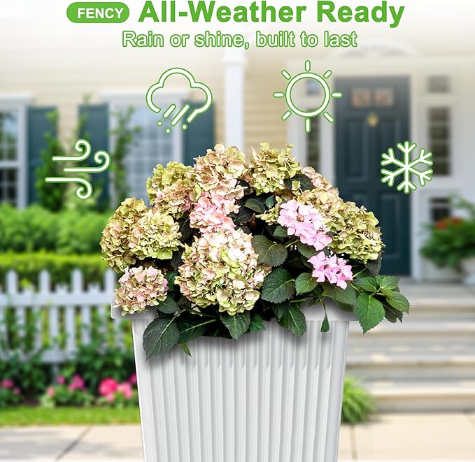 FENCY Set of 2 Tall Planters for Outdoor Plants, 24 Inch Large Tapered Pots with Drainage Trays, Weather-Resistant Plastic Plant Containers for Patio, Porch, Garden, Front Door Decor,White, Striped