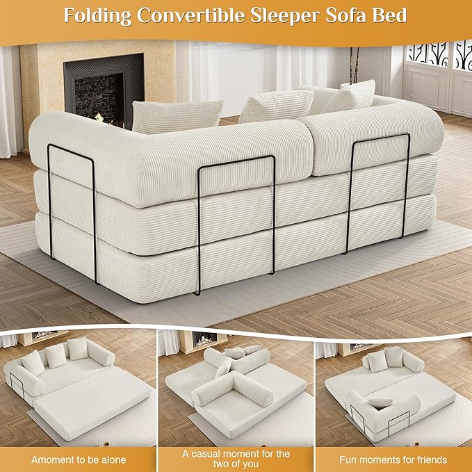 Convertible Sleeper Sofa Bed with Pillow, 4-in-1 Corduroy Folding Mattress Couch with Fixed-Shape Frame, Fold Out Floor Sofa Cama Lounge Couch for Living Room Bedroom Studio, Beige White
